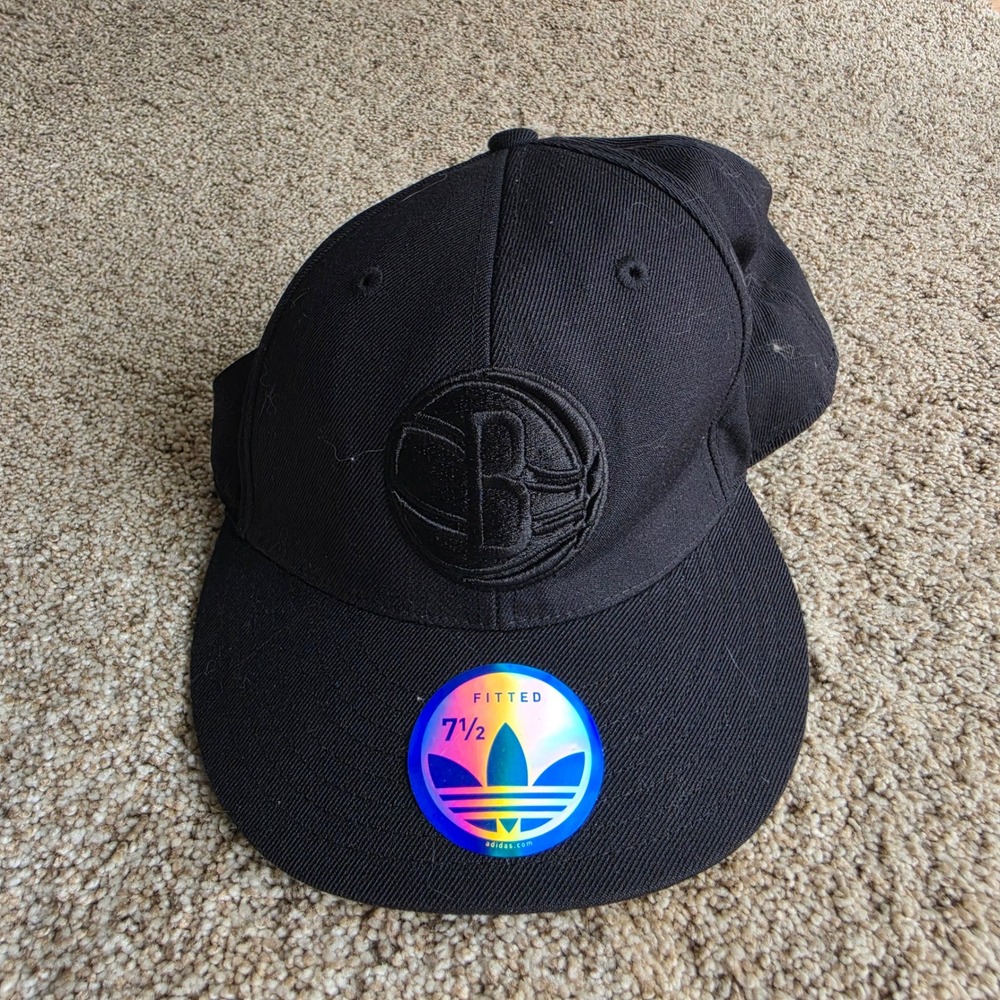Adidas Brooklyn Nets Mens 7 1/2 Wool Fitted Hat Triple Black NBA Basketball Cap